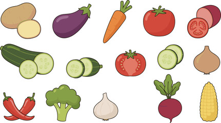 Assorted Fresh Vegetables Illustration Set Featuring Potato, Eggplant, Carrot, Tomato, Cucumber, Onion, Broccoli, Corn, and More in Flat Vector Style