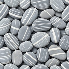 Coastal Serenity: A collection of smooth, gray pebbles adorned with delicate white stripes, creating a sense of calm and natural artistry.