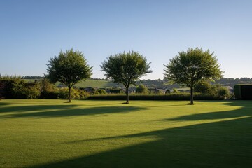 Fototapeta premium Tranquil lawn landscape featuring three trees under a clear blue sky