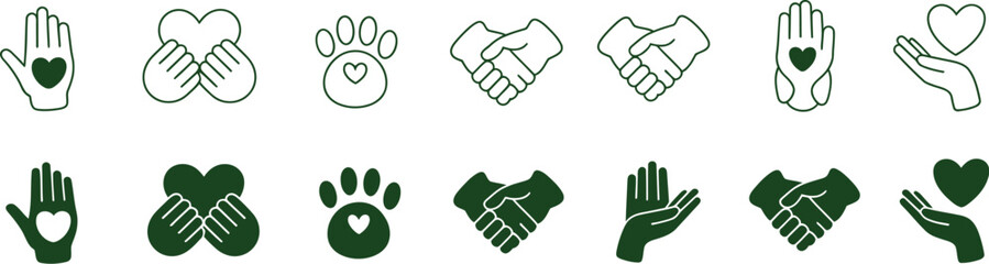 Obraz premium Diverse hand gestures and paw prints with heart motifs displayed in a row on transparent background high-quality professional detailed modern