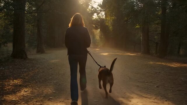 Walking woman wearing dark jacket, holding short leash, guiding harnessed brown dog along dirt path