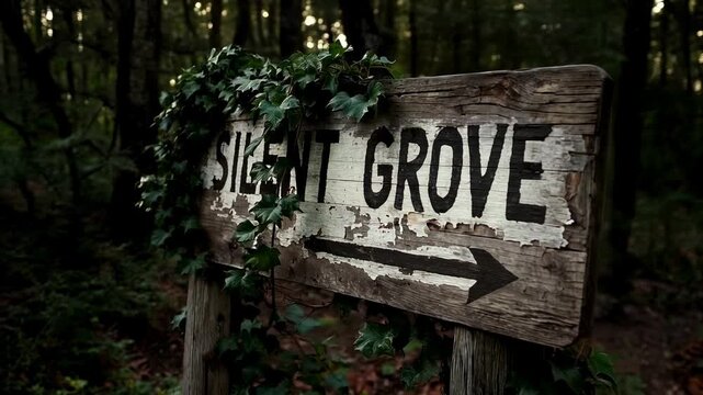 Moving camera slowly revealing sign SILENT GROVE in shaded grove to highlight arrow and ivy