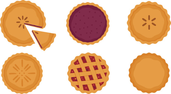 Assorted Pie Illustration Set Featuring Whole, Sliced, and Lattice Fruit Pies in Flat Vector Style