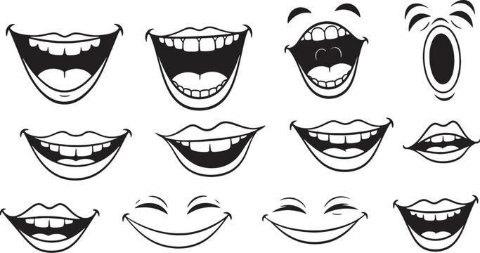Collection of various cartoon mouth expressions showing different emotions and feelings in black and white illustration