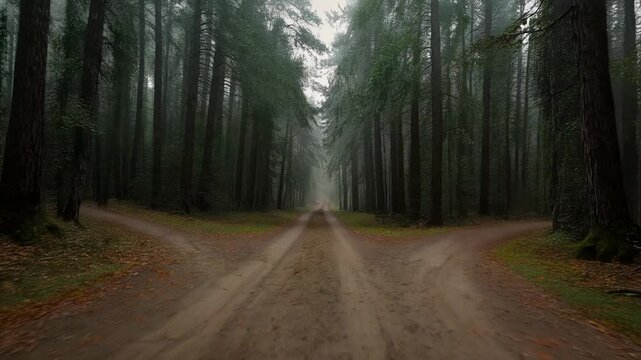 Recording camera moving forward revealing forked dirt road in dense coniferous forest, wheel ruts