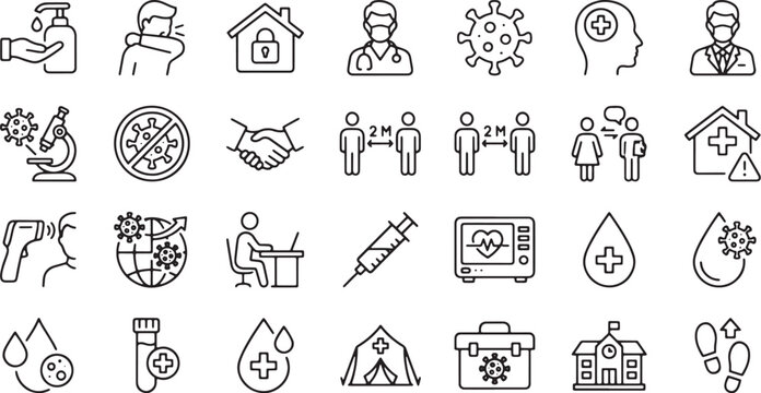 Collection of black line icons depicting covid 19 pandemic and healthcare concepts on white background