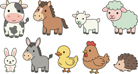 Obraz premium Cute Farm Animal Illustration Set Featuring Cow, Horse, Goat, Sheep, Donkey, Duck, Chicken, Rabbit, and Hedgehog in Flat Vector Style