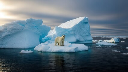 Polar Bear on Ice: A majestic polar bear stands proudly atop an iceberg, surveying its icy domain under the soft glow of the arctic sun.