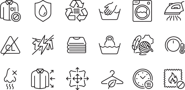 Laundry care symbols and icons for washing drying and ironing clothes