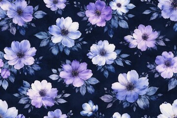 Seamless floral pattern with purple flowers on dark background