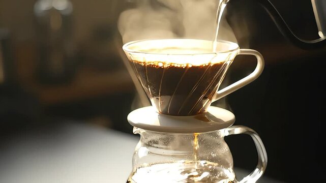 Close up hand pouring hot water into coffee dripper steam rising