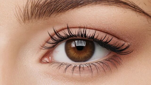Approaching left, black mascara wand contacting lash base, combing lashes in close-up, adding lift