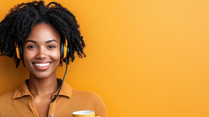 Harmony in Sound: An african american woman finds herself immersed in music with her headphones and cup, smiling softly with bright energy against a warm orange background.