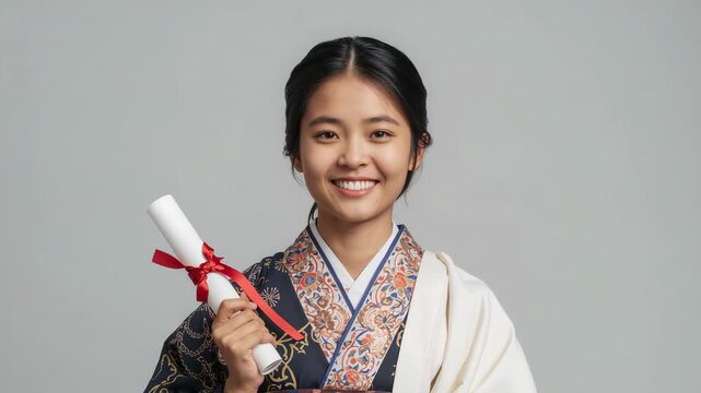 Smiling woman holding diploma with studio session starting, celebrating graduation in hanbok shawl