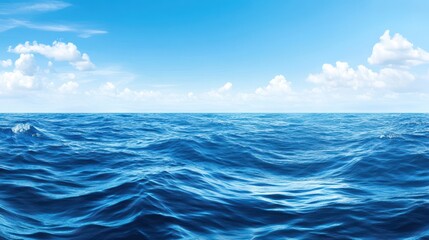 Fototapeta premium Endless Ocean Horizon: The boundless blue of the ocean stretches as far as the eye can see, with gentle waves dancing under a sky dotted with fluffy white clouds.