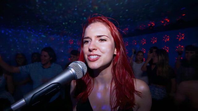 Singing female-singer in black on cue at club, with mic or stand, engaging crowd under red-blue lase