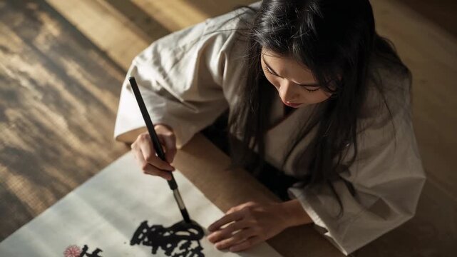 Touching brush tip, calligrapher robed forming Chinese character at table with brush and paper
