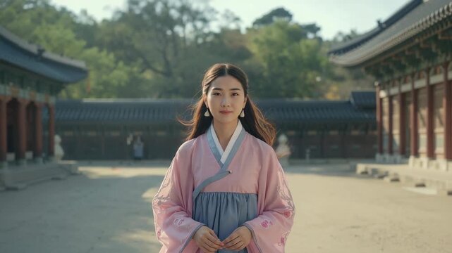 Starting walk, woman wearing hanbok with dangling earrings moving toward lens at palace performing