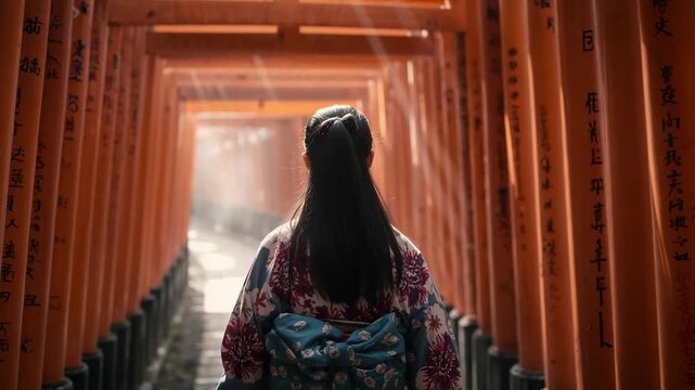 Walking woman wearing kimono moving through vermilion torii gates toward shrine, sunlight drawing