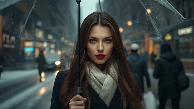 Light sleet starting, adult woman walking on busy street holding clear umbrella, wearing dark coat