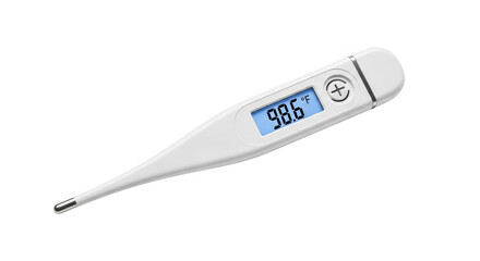 Digital thermometer with blue lcd display showing temperature reading isolated on transparent background