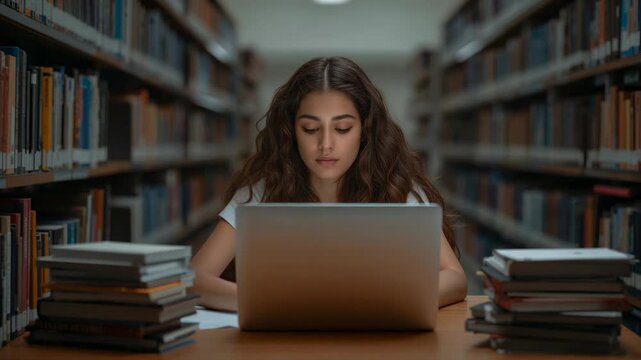 Opening silver laptop and scanning notes, female student studying at library aisle, tapping pen