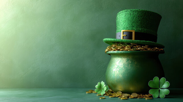 Green hat pot gold coin clover shamrock lucky holiday celebration scene with leprechaun pot filled with shining coin and scattered clover on green background suggesting fortune and prosperity