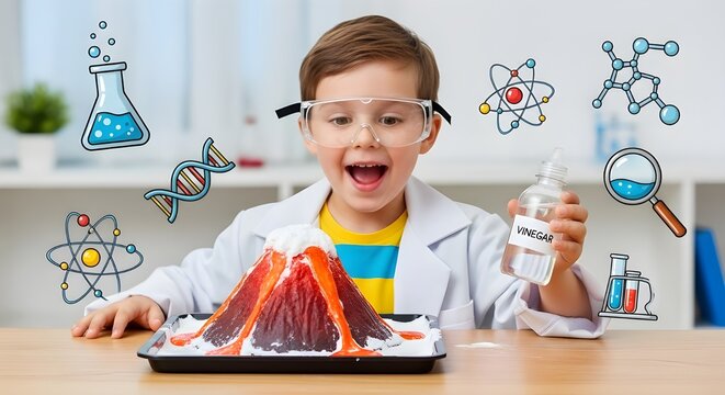 Excited young boy in lab coat and goggles conducts a volcano experiment with vinegar and baking soda for fun science education.