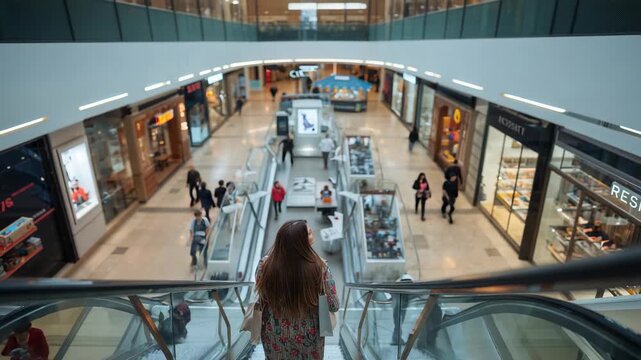 Stepping onto down escalator floral-dress woman riding to lower mall holding shopping bag to shop