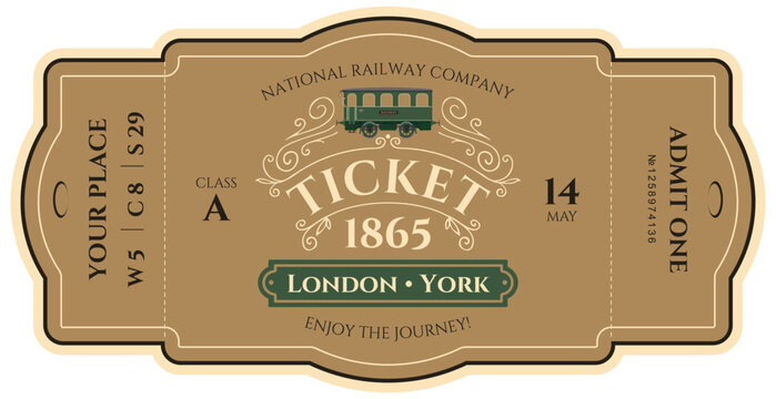 Vector train ticket template featuring a passenger carriage with vintage-style inscriptions and decorations. Premium class.No ai