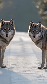 Vertical video: Sniffing tracks on snow trail, two gray wolves lifting heads, facing camera alert