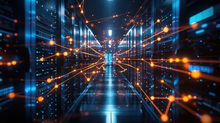 Interior of a modern futuristic server room with glowing orange digital network lines and nodes. Concept of big data, cloud computing, cybersecurity, and high-speed internet connection

