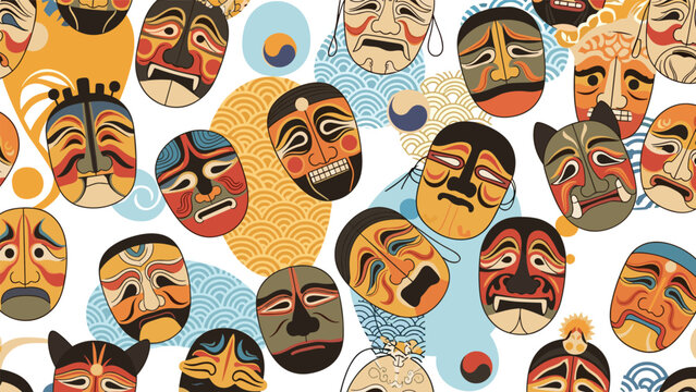 Traditional Korean theatrical masks known as Tal with expressive faces arranged in a vibrant seamless pattern representing folk culture and history.