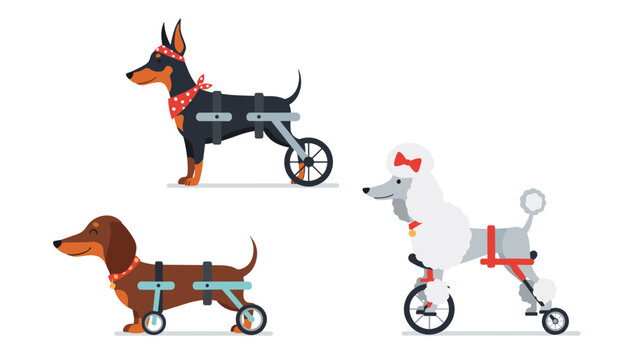 Three different dog breeds including a dachshund and a poodle using veterinary mobility carts or wheelchairs for support and rehabilitation.