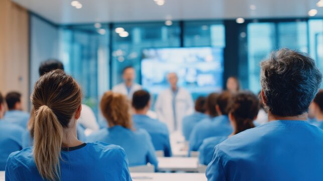 Rear view of a group of doctors and nurses in blue uniforms listening to a lecture in a conference room. Concept of continuing medical education, hospital seminar, and professional development