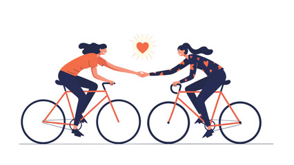 Fototapeta premium Two young women riding bicycles toward each other and holding hands with a glowing heart symbol above them on a clean white background.