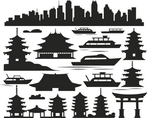 Naklejka premium Modern city skyline, East Asian architecture, cultural contrast, pagoda silhouettes, waterfront scene, urban development, traditional temples, torii gates, boat silhouettes, travel theme