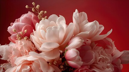 Elegant close-up of soft pink peony flowers arranged against a rich red background, creating a luxurious and romantic floral composition. 