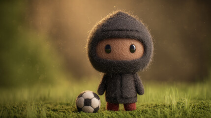 A small toy figure dressed in a black hooded outfit stands on green moss with a black and white soccer ball nearby under warm lighting.