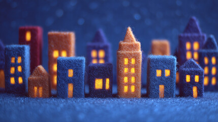 A miniature woolen cityscape with glowing yellow windows, featuring various building shapes and colors such as blue, orange, and purple on a textured blue surface under soft lighting.