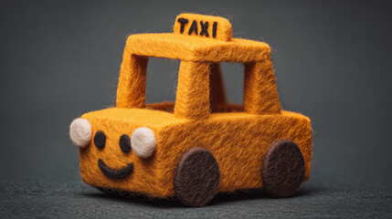 A small felt model of an orange taxi with black wheels and smiling face, set against a dark background.