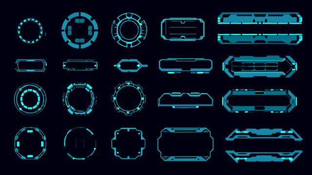 A collection of futuristic teal colored geometric interface elements and tech designs