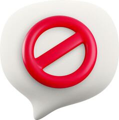 Vector cartoon minimal 3d white speech bubble with red prohibition sign. Realistic render block message icon, Ban or stop chat messaging button, forbidden text symbol, social media failed comment