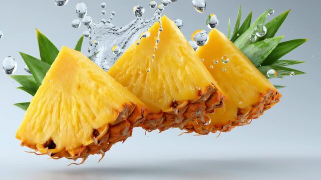 Fresh pineapple slices with green leaves splash through water droplets against a light gray background, showcasing vibrant colors and textures in a dynamic arrangement