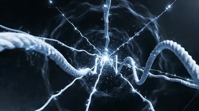 Vibrating strings expand across higher dimensions, forming layered quantum fields and multidimensional spacetime structures in abstract scientific visualization.