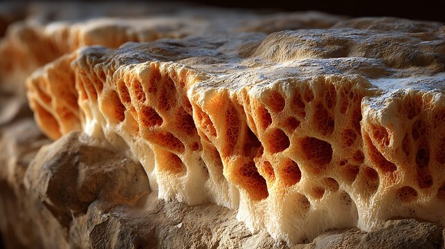 Macro fossil texture showing ancient organic structure, close-up view of natural sponge-like formation
