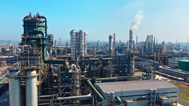Aerial shot of large oil refinery and chemical plant with pipeline equipment in industrial area
