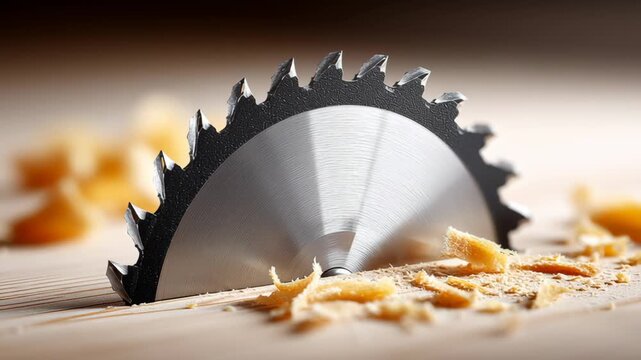 Circular saw blade positioned on wooden surface with scattered wood shavings, showcasing the sharp teeth and metallic finish, highlighting the tool's precision in woodworking tasks