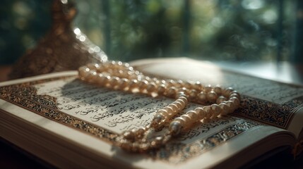 A set of pearl prayer beads (Misbaha) lying on an open Quran with beautiful Arabic calligraphy. 
