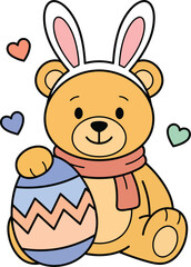 Fototapeta premium Cute Easter Teddy Bear Wearing Bunny Ears Holding Decorative Egg Pastel Vector Illustration